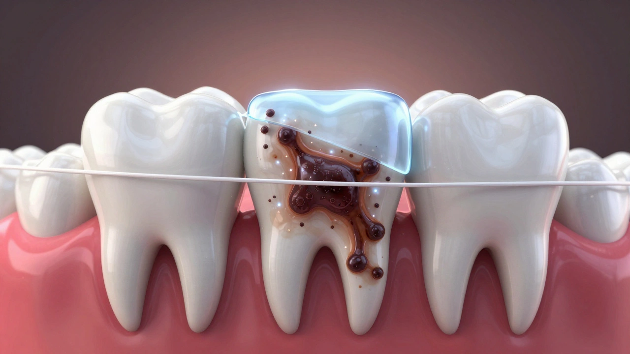 Symbolická reprezentace remineralizace zubu: fluorid a zubní nitro chrání zub před rozpadem.