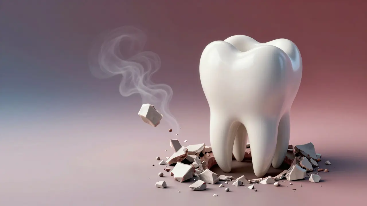 Symbolický obraz ztráty kosti kolem zubu versus zachovaná struktura.