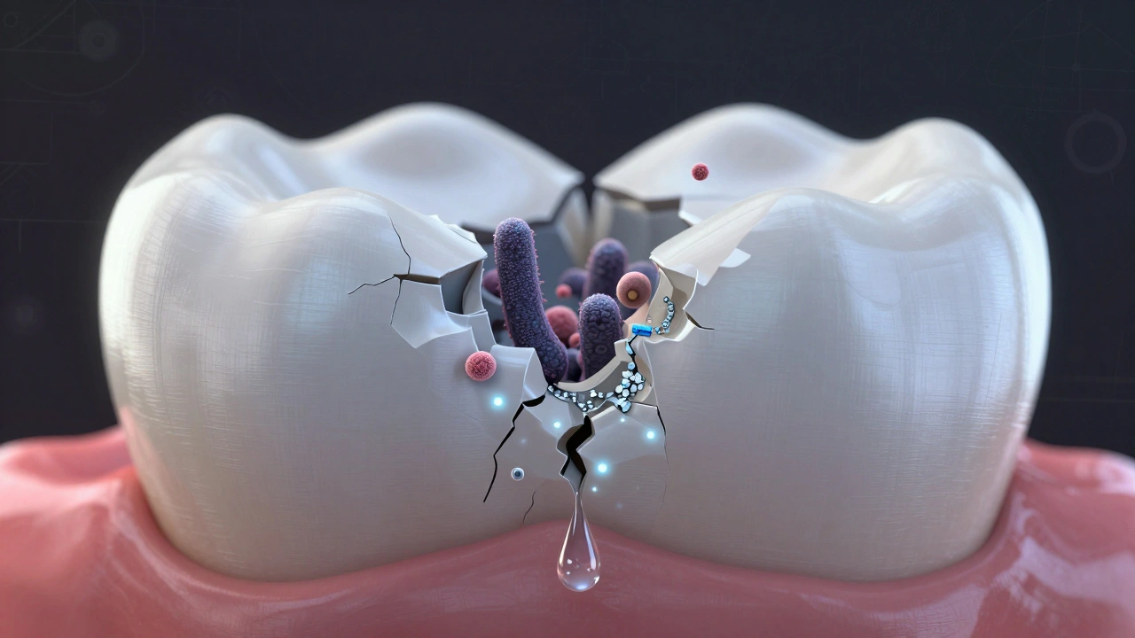 Symbolický obraz zubu s ničením sklovinou a obnovou fluoridem