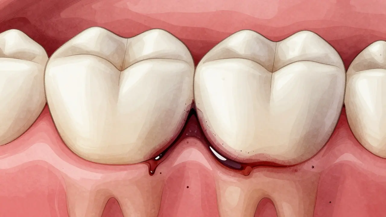 Tmavá šmouha postupně šířící se podél hrany zubu k dásni.