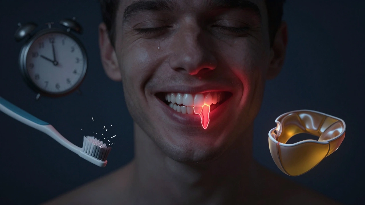 Umělecká ilustrace poškozeného předního zubu s červeným zářením zevnitř a symboly nebezpečí.