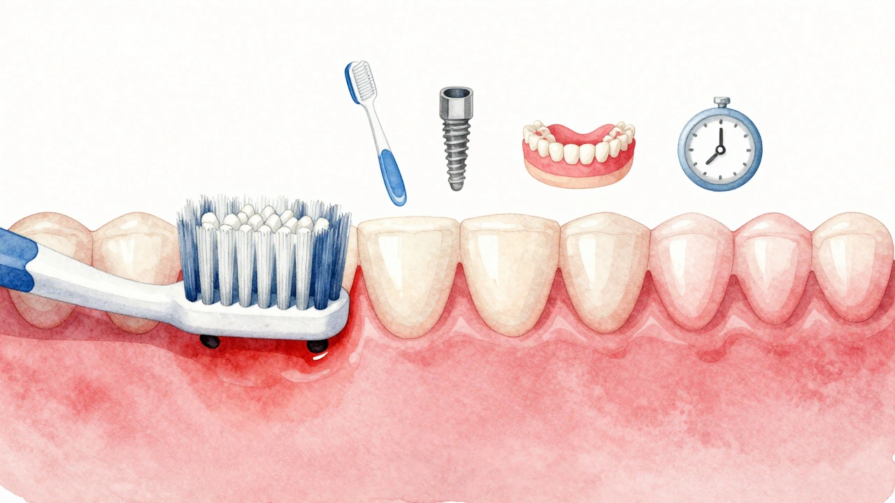 Vodová kresba ukazující hojení dásní po přechodu na jemný zubní kartáček.