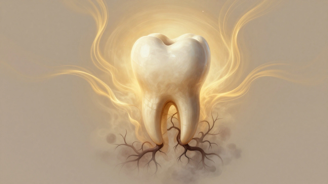 Zdravý zub vyzařující zlaté světlo, zatímco infekční kořeny se rozpouštějí v mlze.