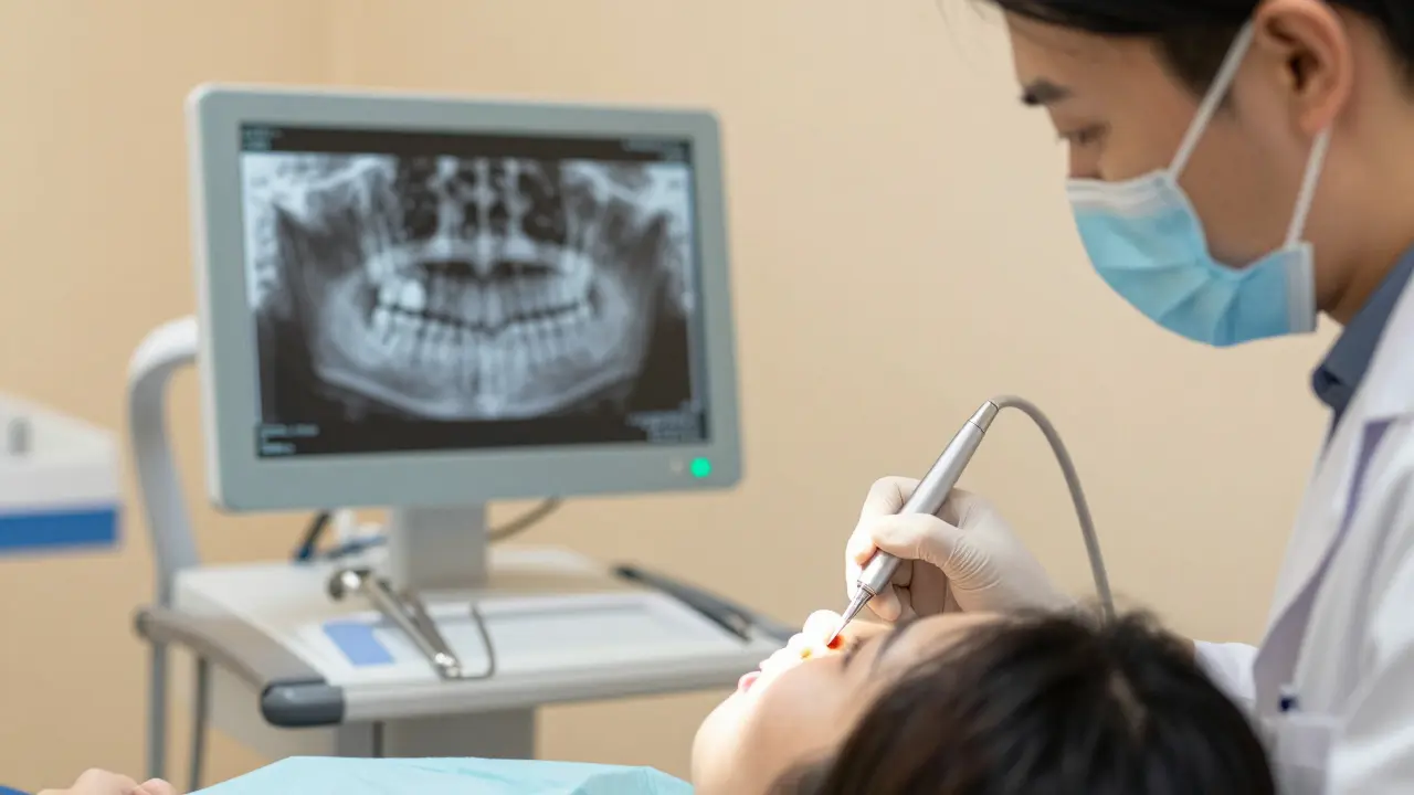 Zubař měří hloubku parodontální kapsle u pacienta.