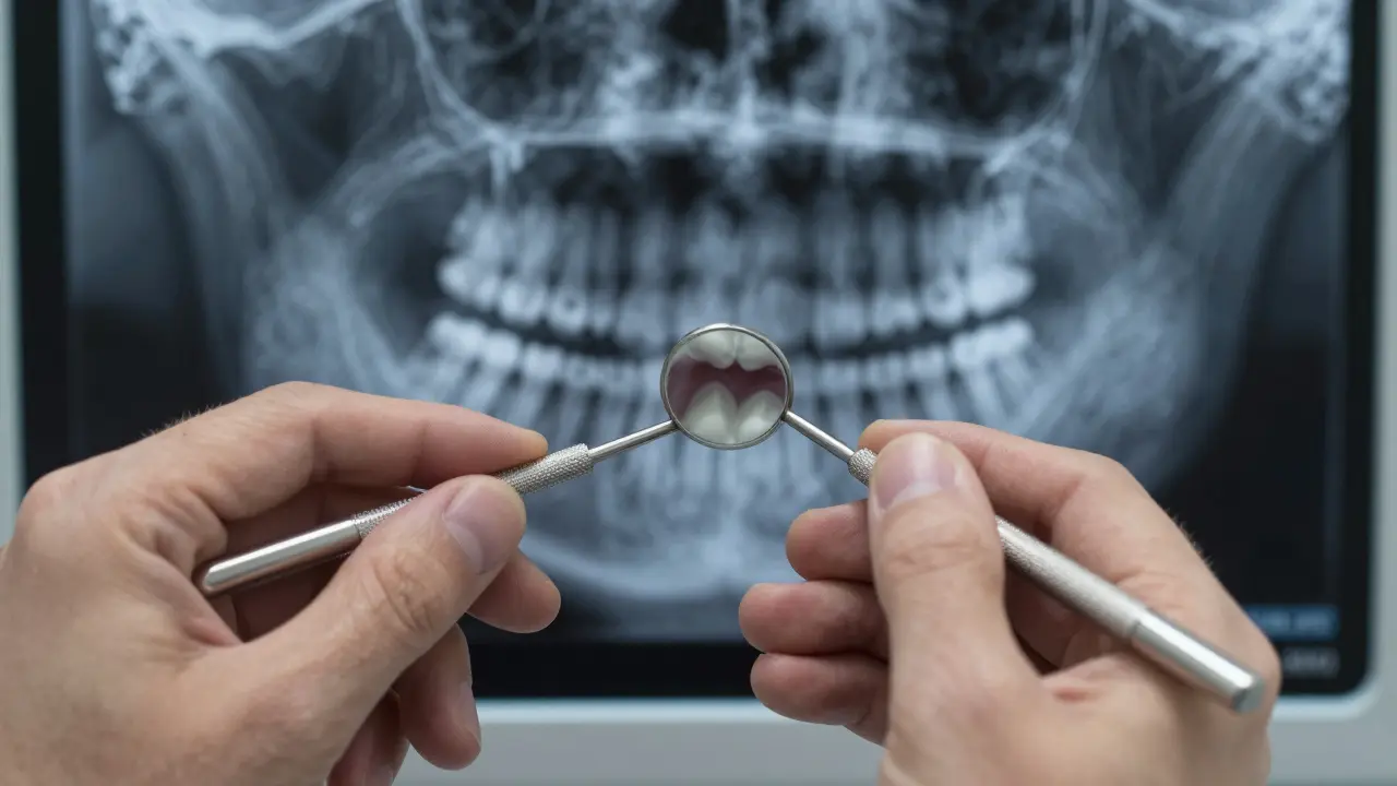 Zubař používá zrcátko a sondu k prozkoumání mezizubního prostoru.