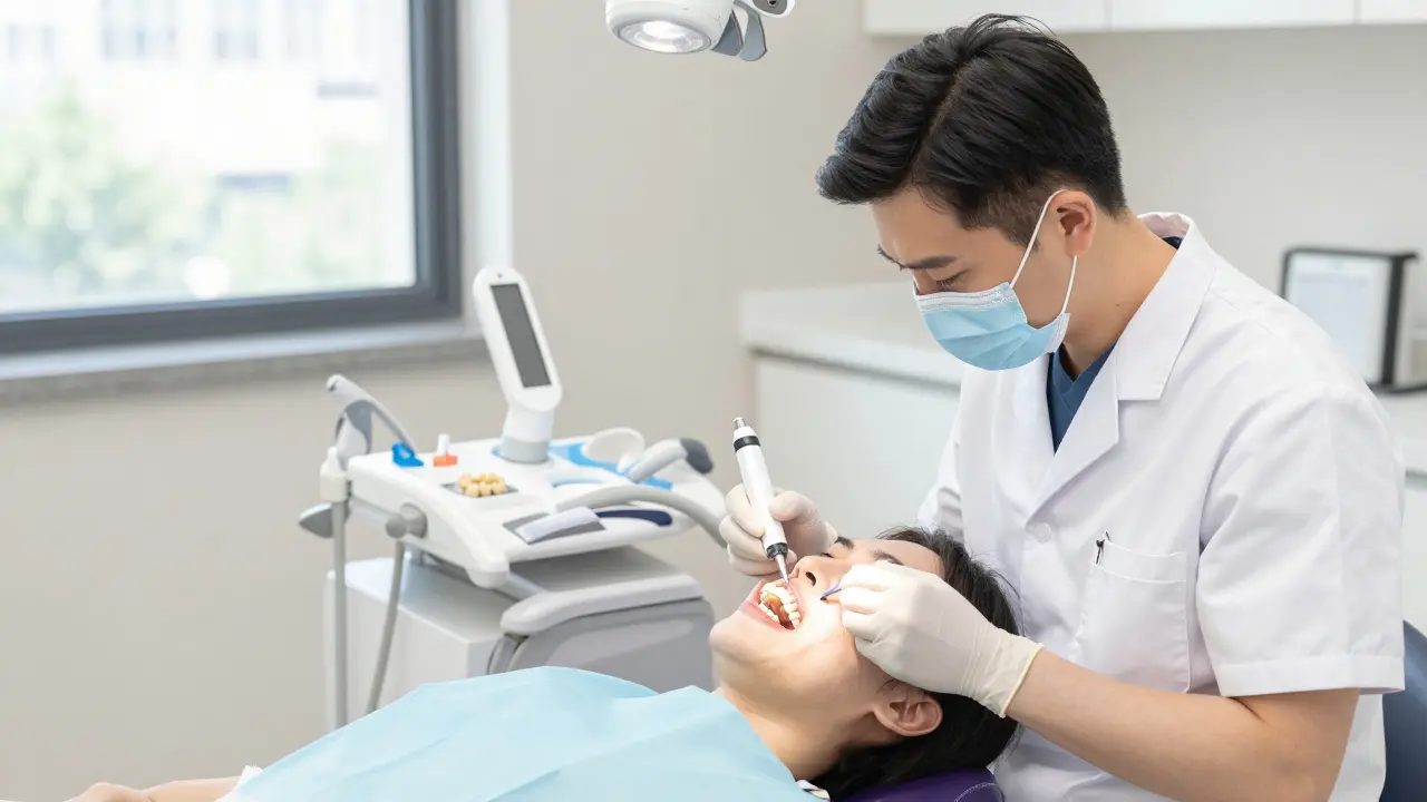 Zubní lékař opravuje přední zub kompozitní plombou v klinice.