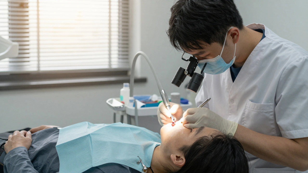 Zubní lékař provádí endodontické ošetření v klidné klinice při přírodním světle.