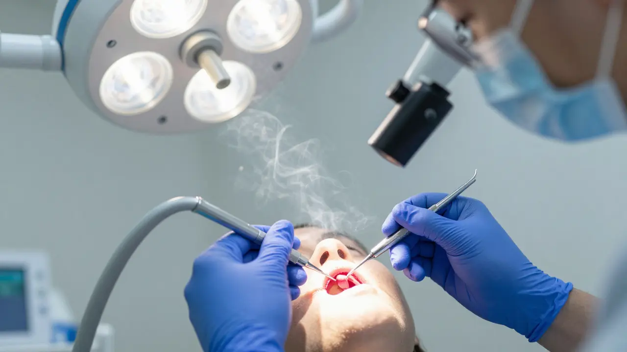 Zubní lékař provádí léčbu kořenového kanálku.