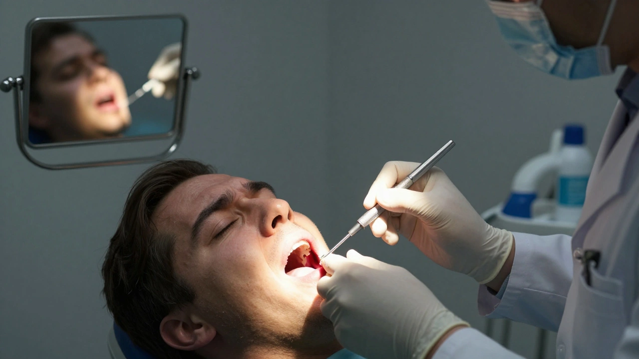 Zubní lékař v klinice očišťuje jamku po vytržení zubu a vkládá léčivý obvaz.