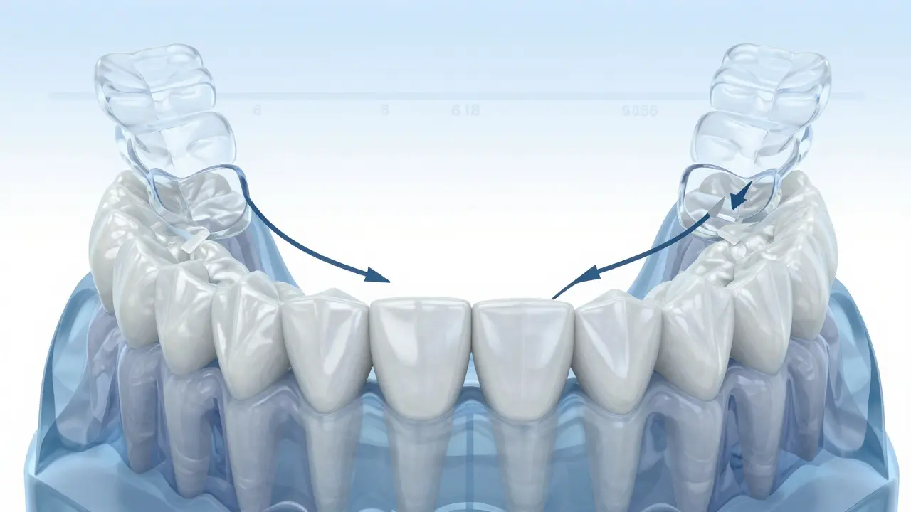 3D model zubů s mezerou, kterou pomalu uzavírají ortodontické síly.
