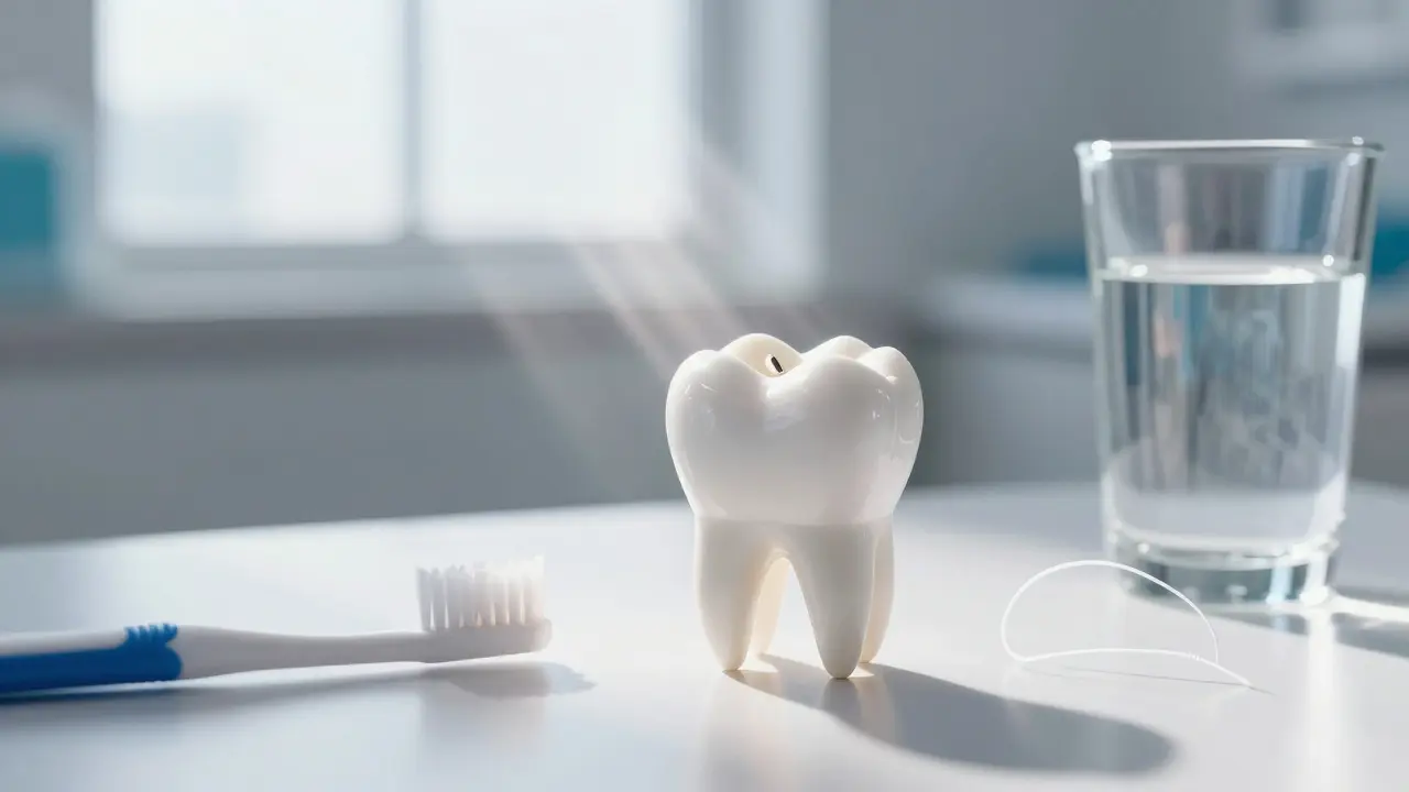 Bílá plomba v zubu při světle slunce, vedle ní zubní kartáček a nit.