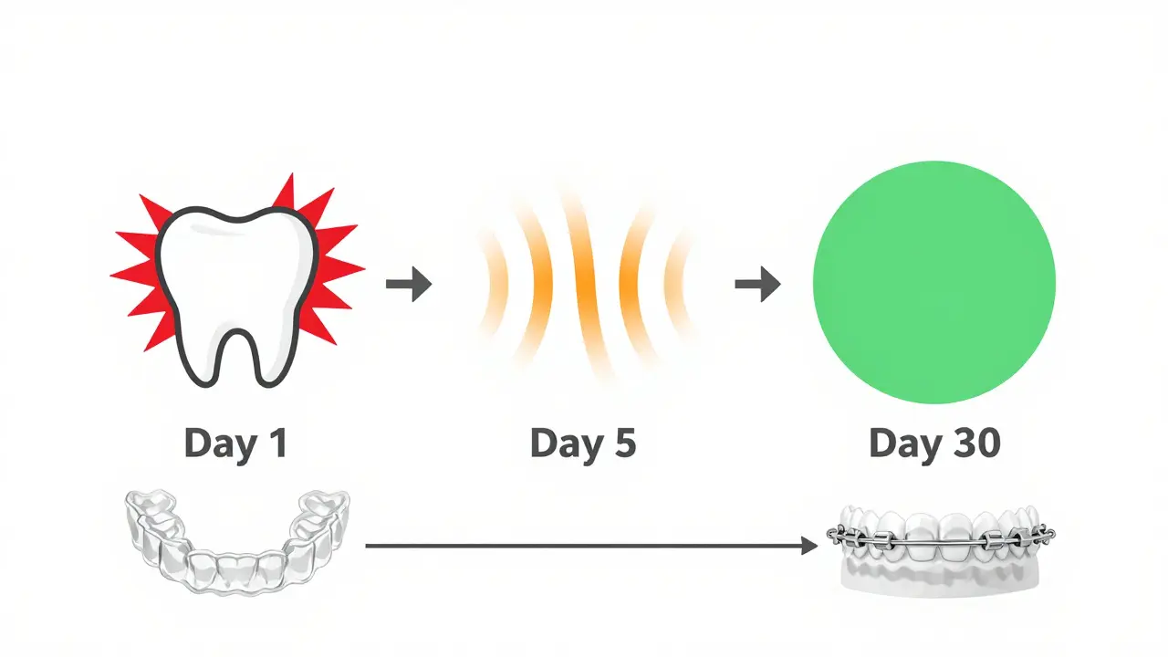 Časová osa bolesti po nasazení rovnátek: od bolesti k klidu během týdnů.