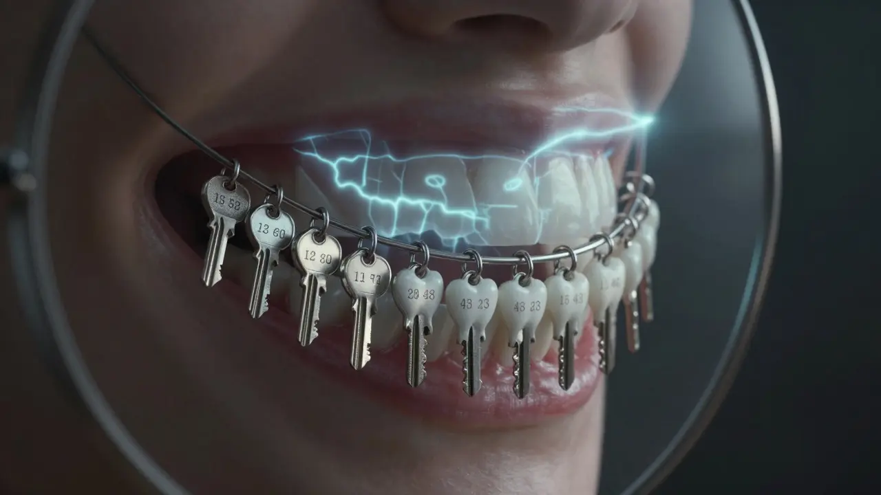 Čelist v zrcadle, kde zuby představují číslované klíče, odraz ukazuje zubní kartu.