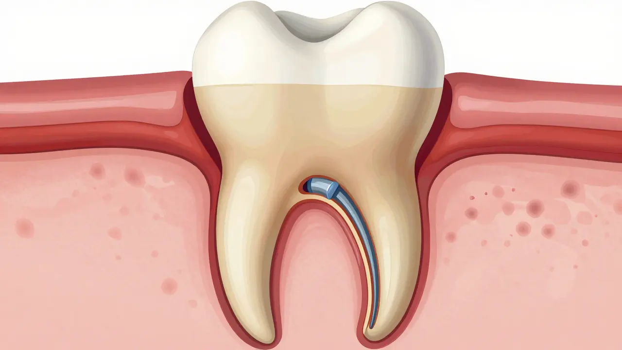 Cross-sectional view of a molar showing infected pulp being cleaned and filled with gutta-percha.