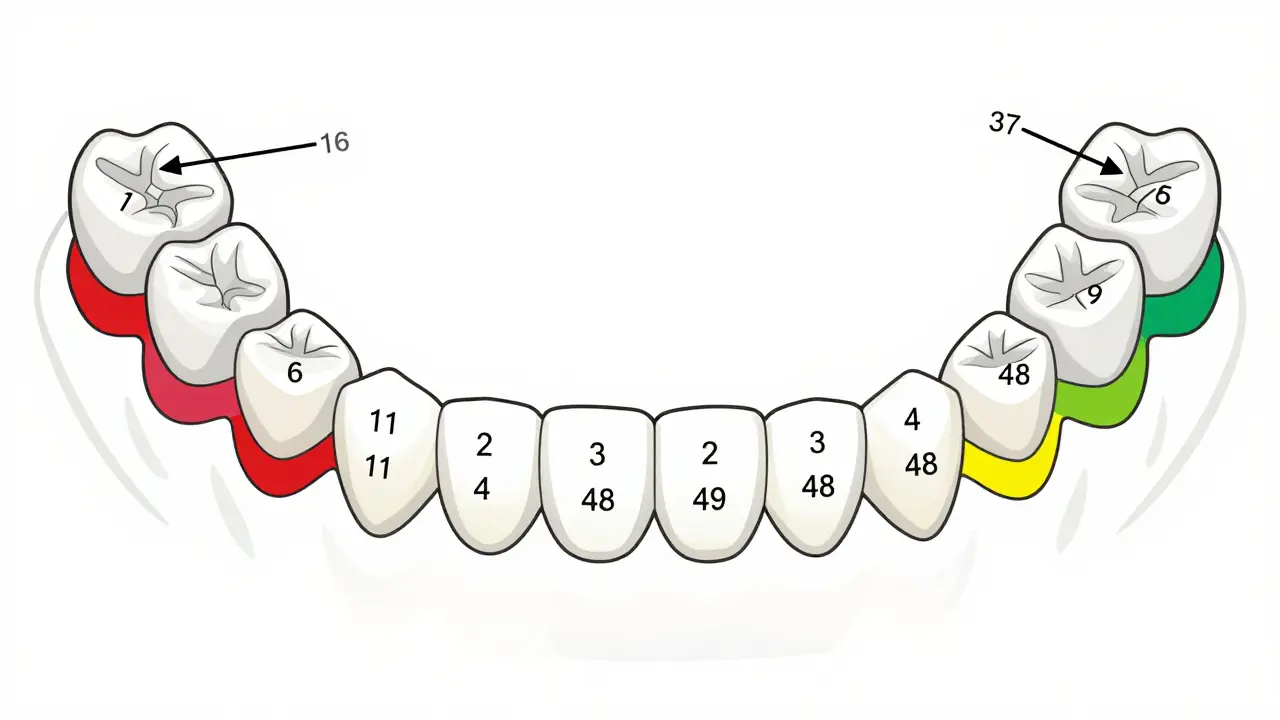 Dental arch s čísly FDI 11–48 na každém zubu, barevně kódovanými podle kvadrantu.