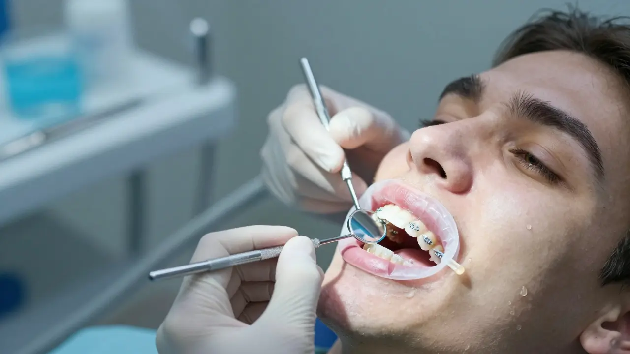 Dentista aplikuje profesionální vybělovací gel po odstranění rovnátek