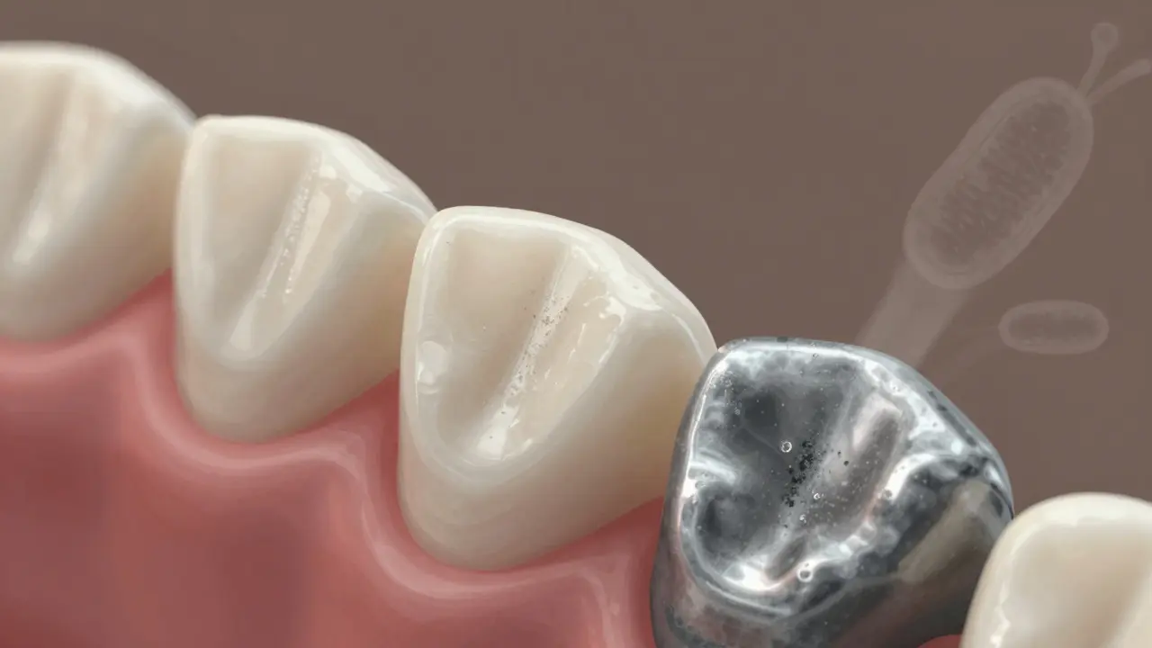 Detail keramických rovnátek s mikroskopickým usazováním špíny vedle kovových.