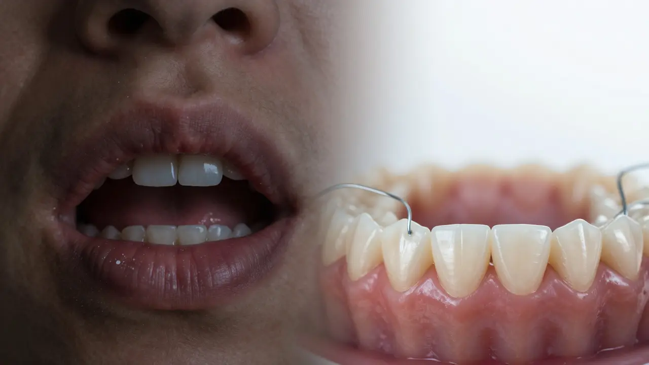 Dvě části obrazu: poškozené zuby vlevo a zdravé zuby vpravo po správné péči.