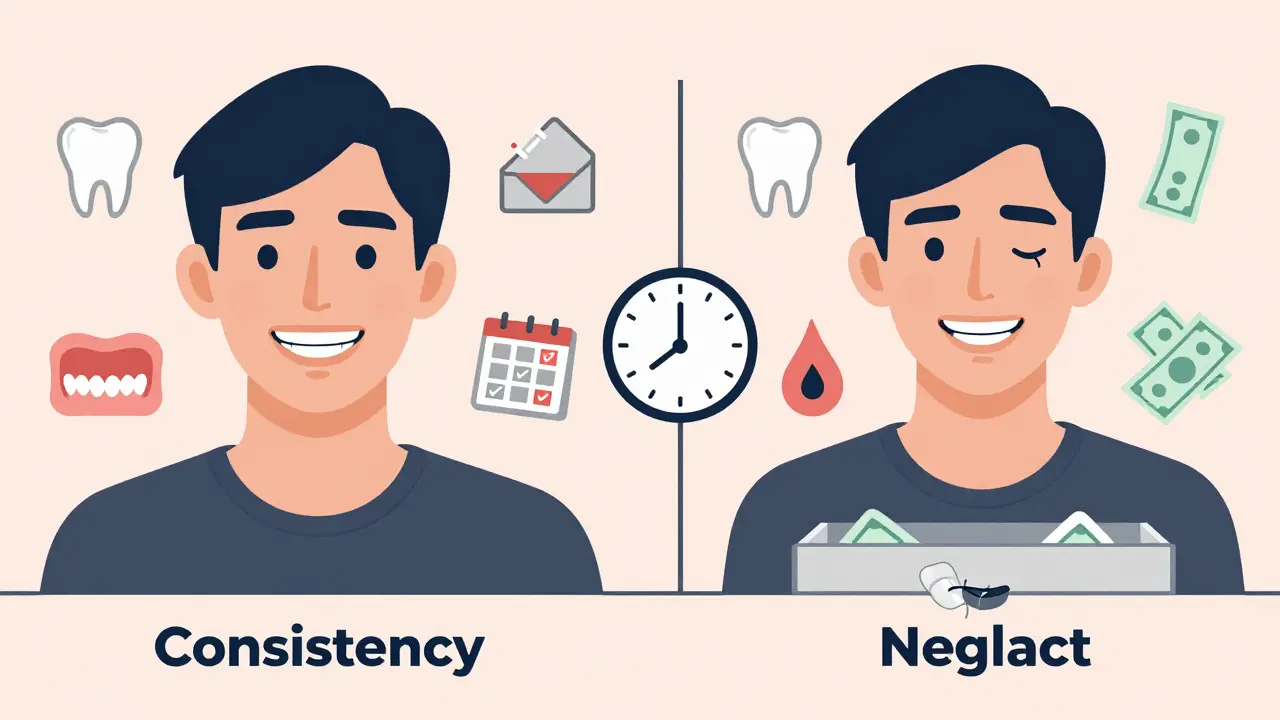 Dvě paralelní scény: zdravé zuby s retentérem vs. křivé zuby a zapomenutý retentér.