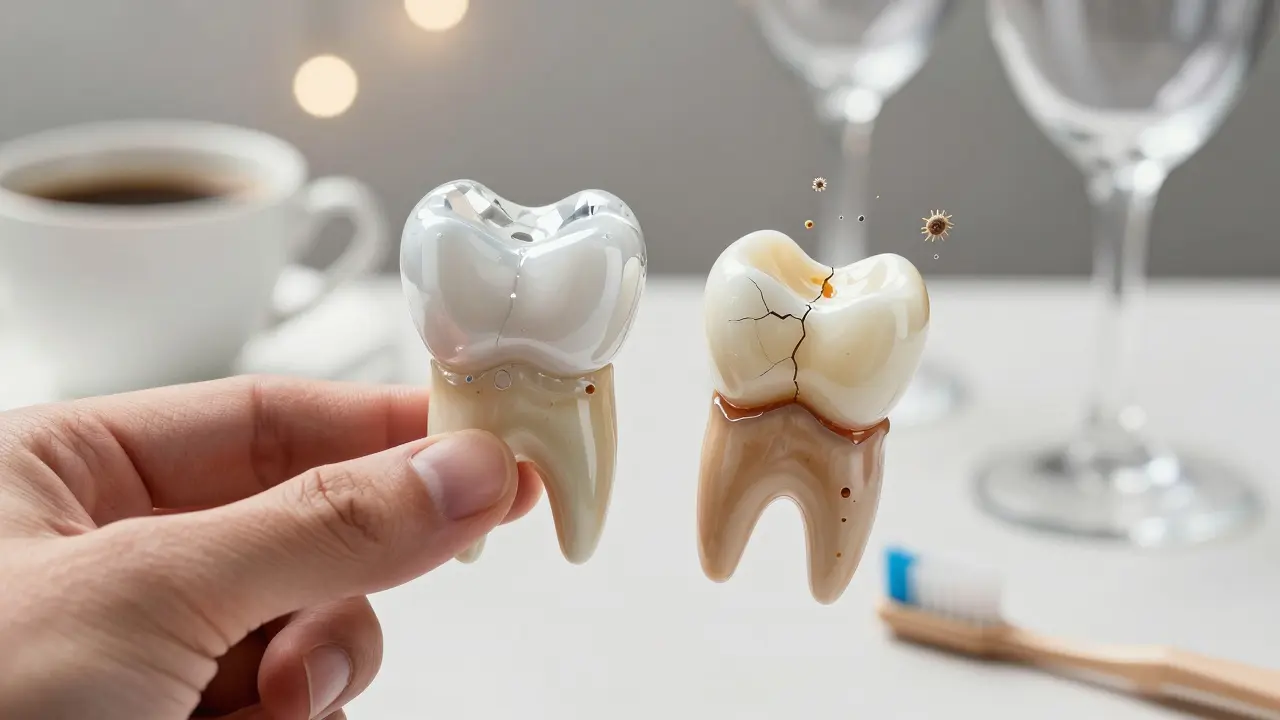 Keramická fazeta vedle poškozené kompozitní fazety, okolo nich káva, víno a kartáček, keramika leskne, kompozit se hroutí.