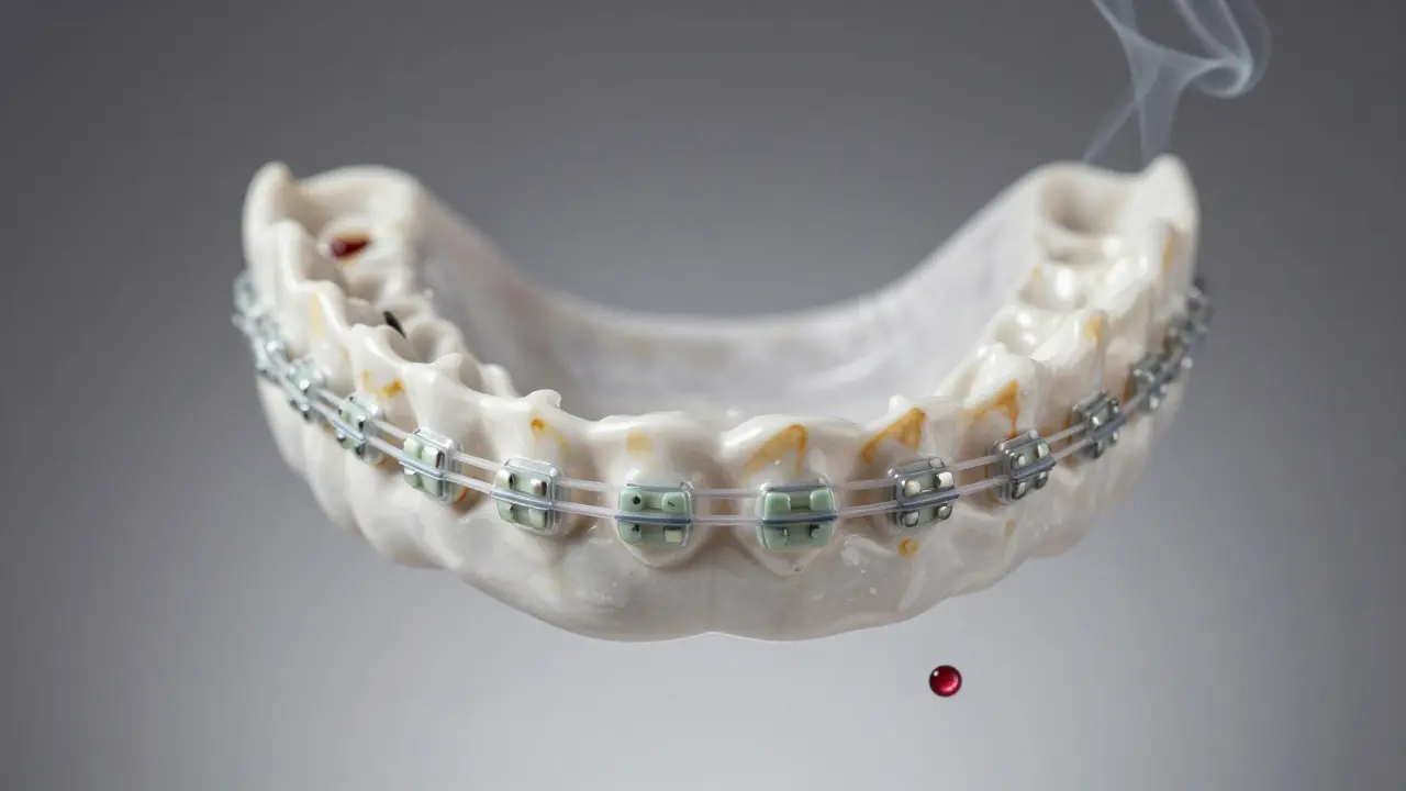 Keramická rovnátka s průhlednými gumičkami jako jemné nitě udržující dokonalý úsměv, s odstupujícími skvrnami od nápojů.