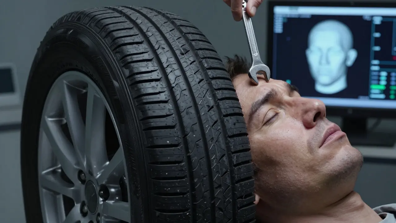 Konceptuální obrázek srovnávající nerovnoměrné opotřebení pneumatiky s posunem tvářových tkaniv.