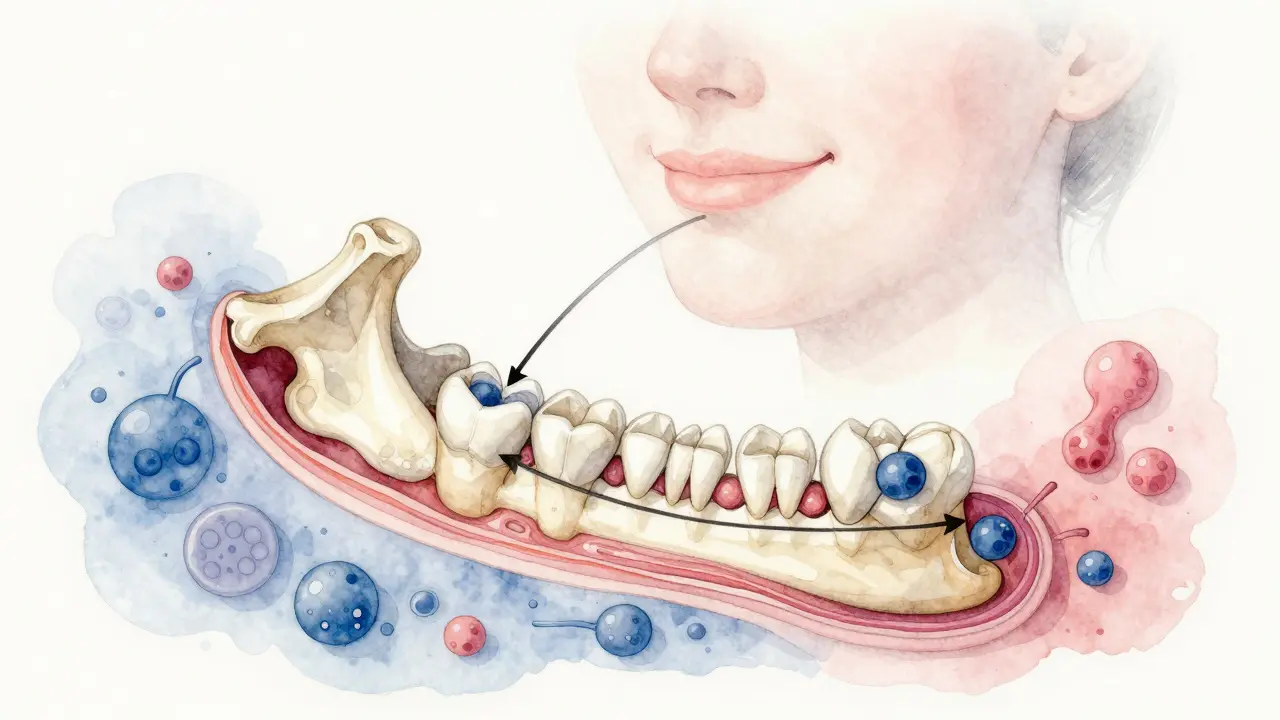 Křížový řez čelisti s buňkami, které přesunují zuby, symbolizující přirozený proces.