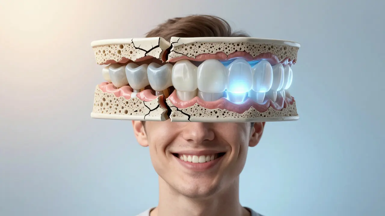 Lidský úsměv s transparentním rozkladem tří keramických materiálů za hlavou, symbolizujících jejich vlastnosti.