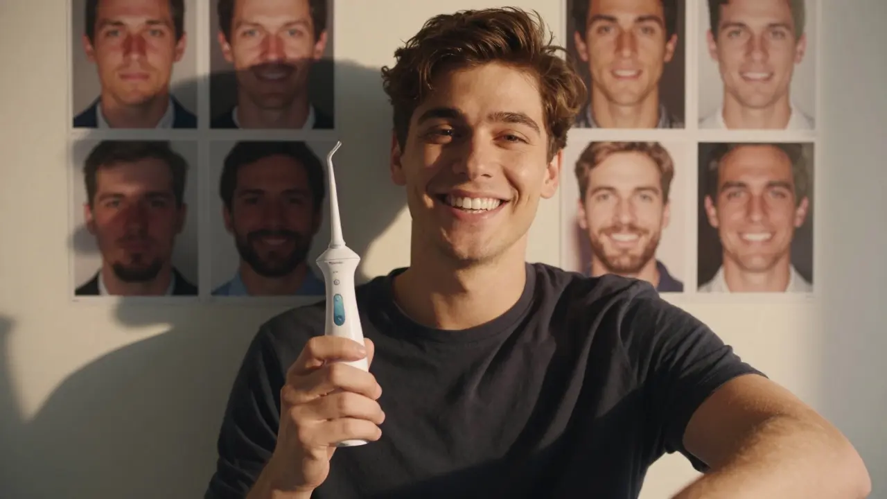 Muž se směje s vodním flosserem, jeho zuby jsou čisté a bez skvrn.