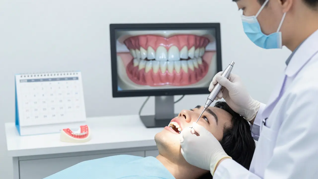 Ortodont připevňuje pevný retentér na vnitřní stranu zubů v klinice.