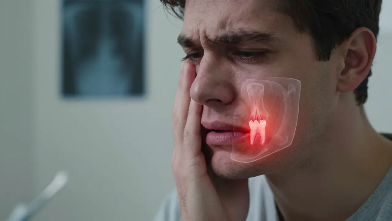 Osoba držící tvář v bolesti s viditelným zánětem v čelisti