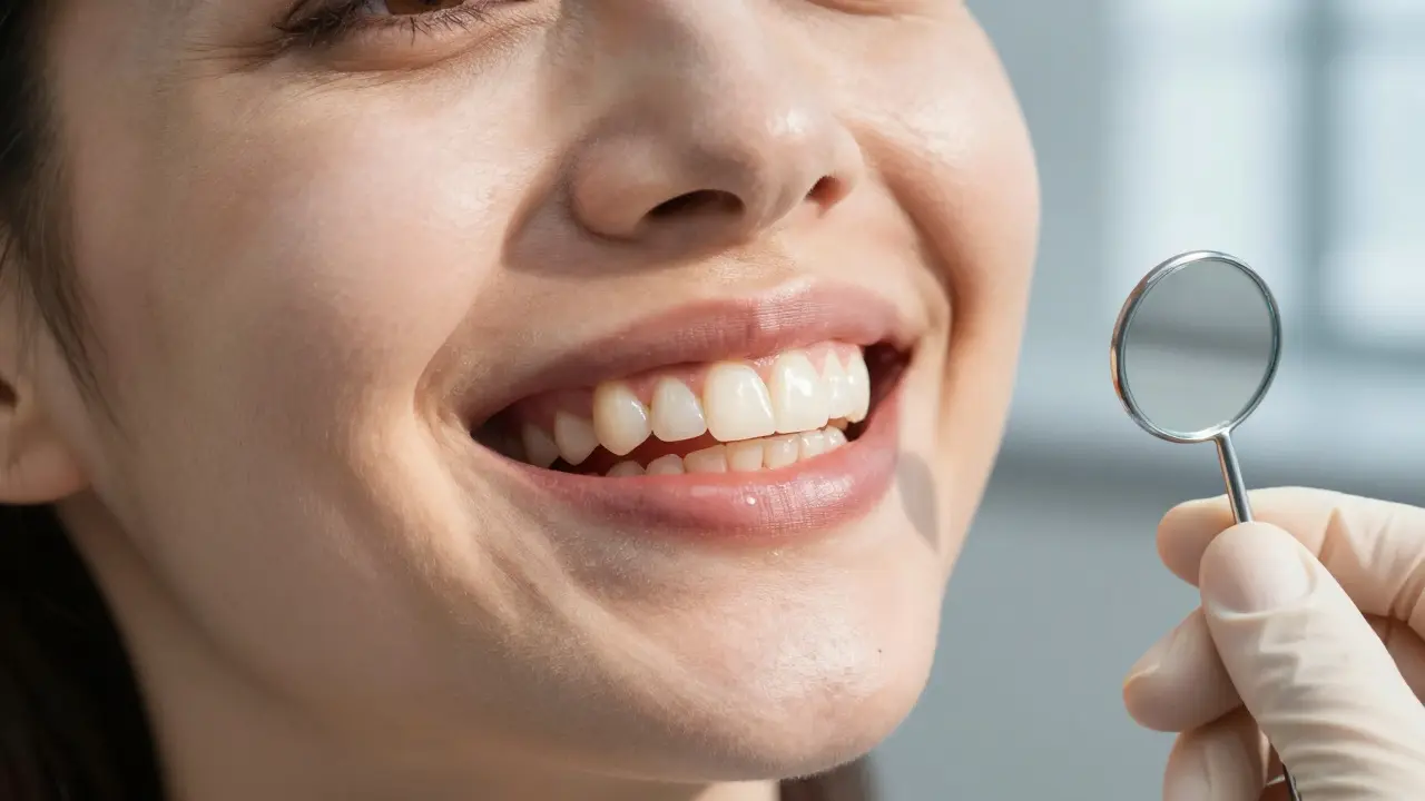 Pacient s přirozeně vypadající korunkou na předních zubech, široký úsměv v moderní zubní klinice.