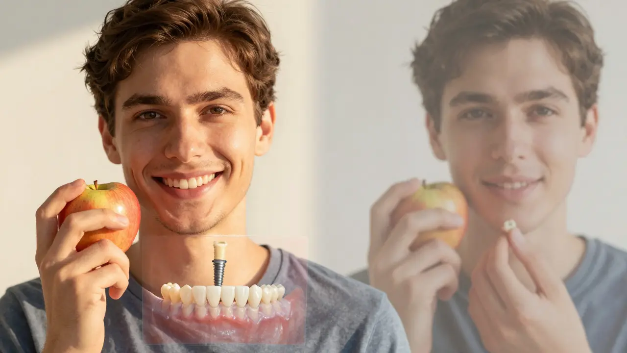 Pacient se směje, drží jablko, pod kůží je implantát úspěšně integrován.