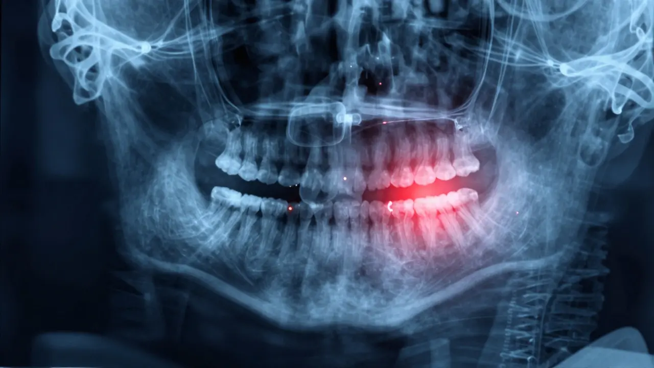 Panoramatický rentgen s označenými impaktovanými zuby moudrosti.