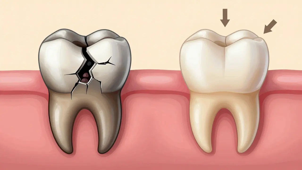 Porovnání poškozeného zubu a zubu po nasazení korunky – ochrana před infekcí a lomením.
