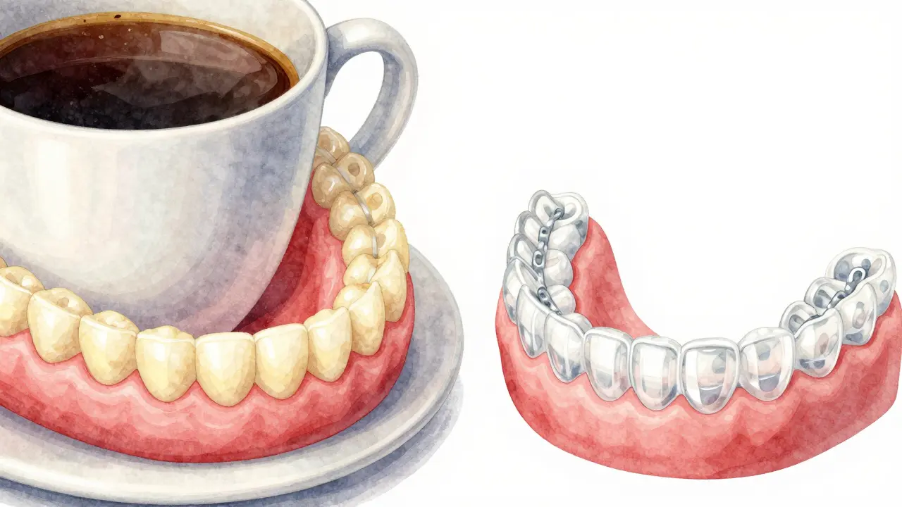 Porovnání žloutlých a průhledných gumiček na keramických rovnátkách s kávou jako symbolem znečištění.