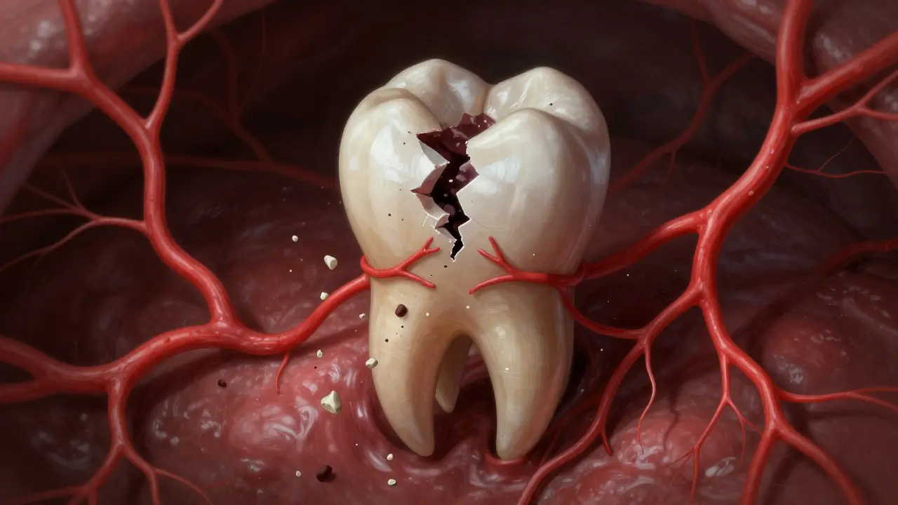 Poškozený přední zub s infekcí šířící se do kosti a nervů