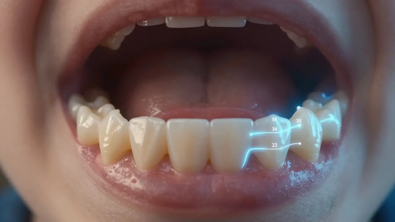 Přechod mléčných zubů na trvalé zuby v čelisti, včetně zoubků.