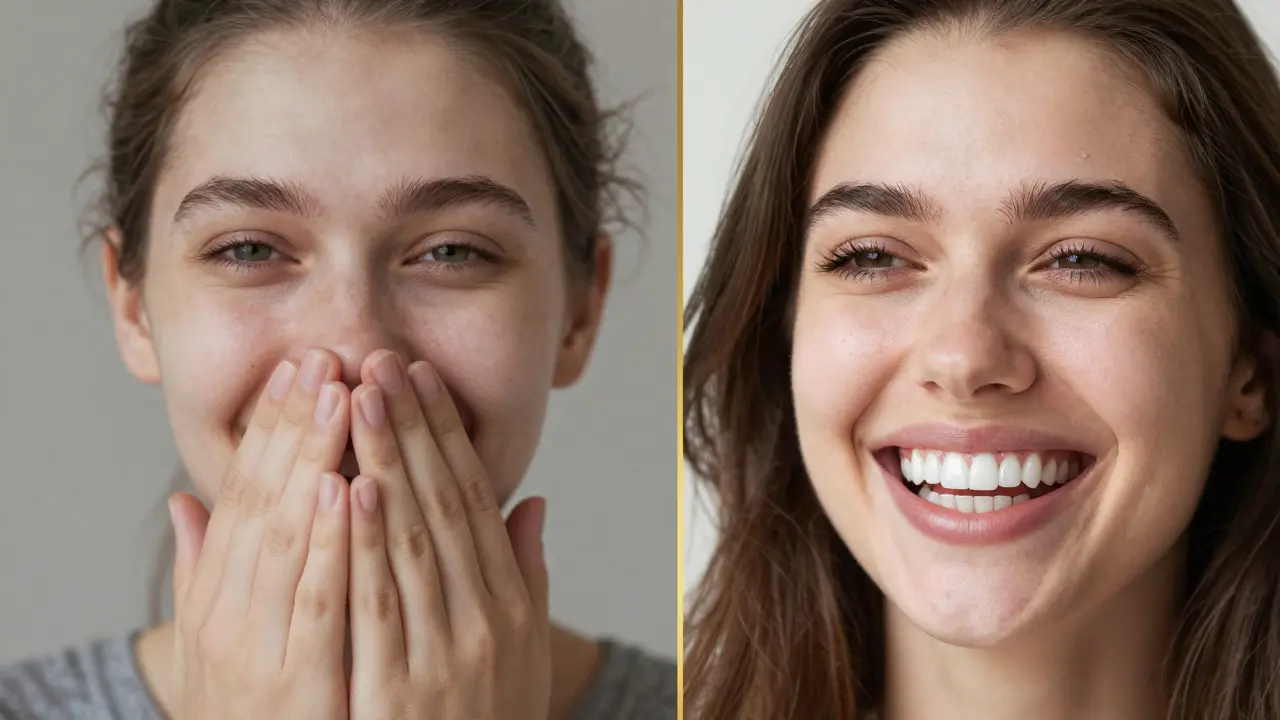 Před a po transformaci úsměvu: jedna strana s nejistým výrazem, druhá se svěžím, jasným úsměvem.