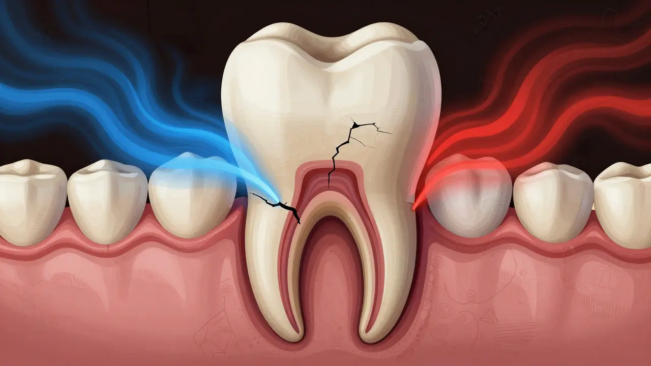 Příčinná struktura zubu s trhlinami, odhaleným kmenem a teplotními vlnami v barevném kontrastu.