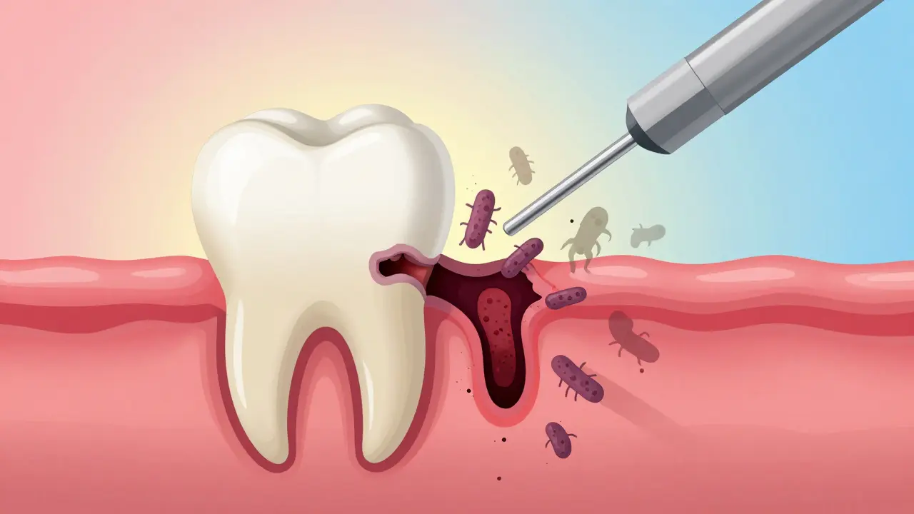 Průřez zubu ukazující zdravou sklovinu a šířící se kaz, který je zastaven laserem.