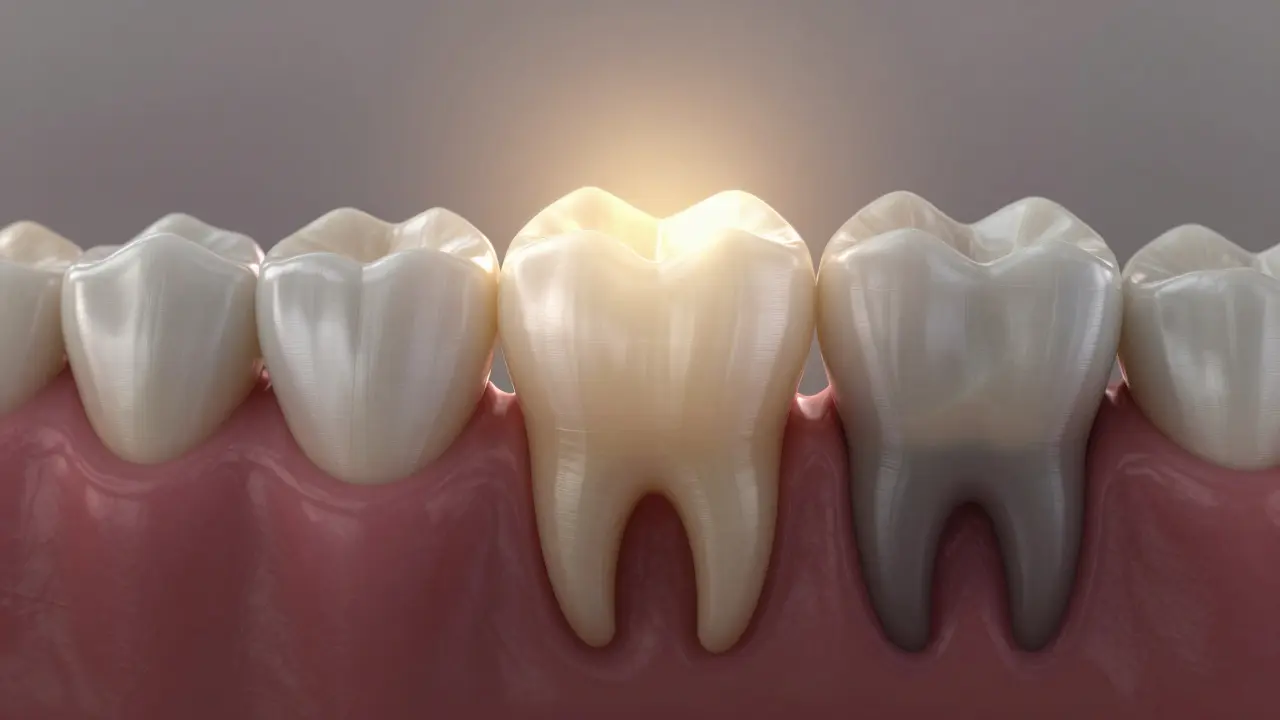 Restored molar with porcelain crown glowing with vitality beside a damaged tooth in shadow.