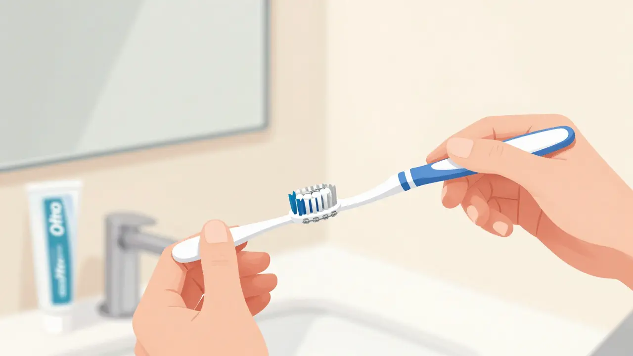 Specializovaný kartáček čistí zuby s rovnátky a interdentalní kartáček mezi zuby