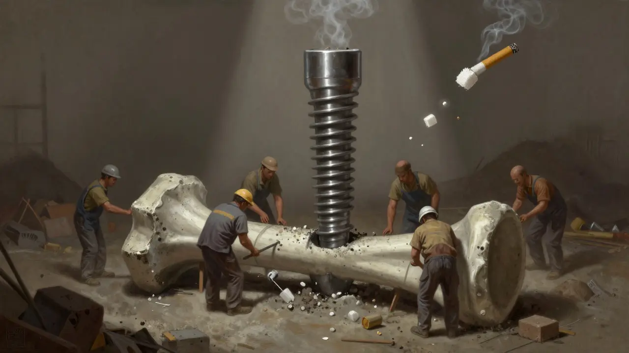 Stavba domu jako metafora hojení implantátu, s kouřem a cukrem jako překážkami.