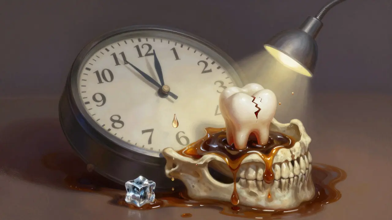 Surreální obraz tajících hodin nad čelistí, symbolizující čas a zubní problémy.