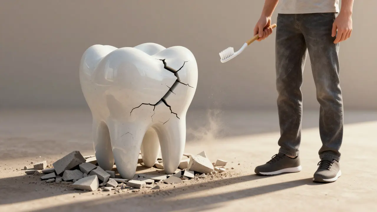 Symbolický obraz zhroutivšího základu domu jako představa prasklého zubu.