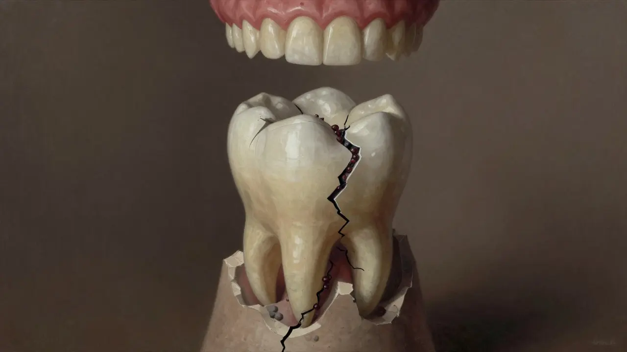 Symbolický obrázek zubu s prasklinou, která se šíří k jádru, zatímco korunka chrání zub.