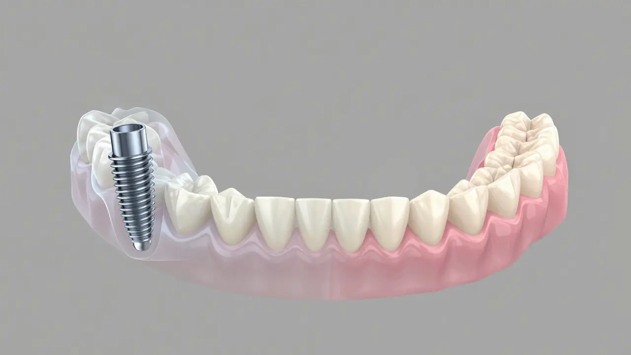 Tři transparentní vrstvy ukazují různé metody náhrady předního zubu: implantát, most a protéza.