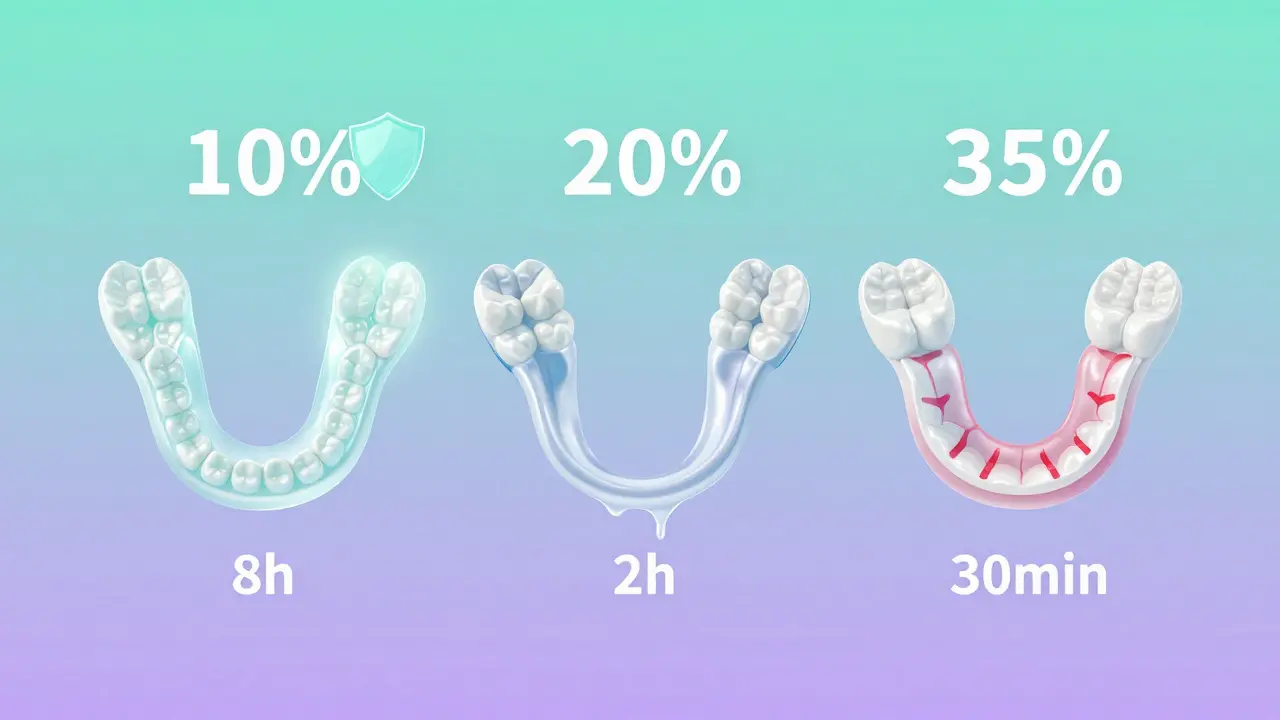 Tři zubní šablony s různými koncentracemi gelu a doporučenými časy působení.