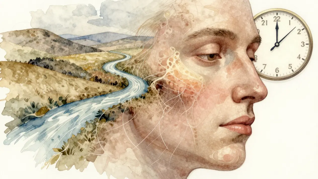 Umělecká ilustrace obličeje jako krajiny s postupným posunem tukových vrstev a ztrátou kolagenu.